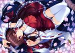  1girl blush bow brown_hair butterfly cherry_blossoms detached_sleeves frills from_above hair_bow hair_tubes hakurei_reimu long_hair looking_at_viewer mushroom_(artist) petals red_eyes skirt smile solo thigh-highs touhou water white_legwear 