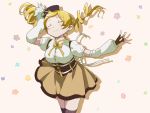  1girl arm_up beret blonde_hair blush closed_eyes drill_hair fingerless_gloves gloves hat magical_girl mahou_shoujo_madoka_magica skirt smile solo thighhighs tomoe_mami twin_drills twintails ume_(plumblossom) 