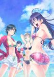  beach bikini_top black_hair blonde_hair blue_eyes blue_sky brown_hair eba_rin eba_yuzuki highres kaga_akari kanzaki_nanami kimi_no_iru_machi kirishima_haruto long_hair mishima_asuka official_art pink_hair purple_hair seo_kouji short_hair shorts sky sunglasses sunglasses_on_head swimsuit tagme unbuttoned 