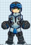 1boy autumn-north beck_(mighty_no._9) clenched_hands cropped_legs green_eyes helmet mighty_no._9 robot smile solo 