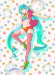  1girl aqua_eyes aqua_hair finger_to_mouth hatsune_miku jacket long_hair midriff navel pink_legwear short_shorts shorts solo suishougensou thighhighs twintails very_long_hair vocaloid 