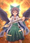  1girl adapted_costume black_hair black_wings bow cape detached_sleeves dress feathers hair_bow highres japanese_clothes katana long_hair looking_at_viewer red_eyes reiuji_utsuho smile solo sword touhou weapon wings yamaneko_(lige) 