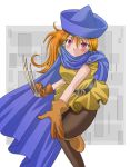  1girl alena blush boots cape claw_(weapon) dragon_quest dragon_quest_iv dress earrings gloves hat jewelry long_hair orange_hair pantyhose red_eyes rian short_dress solo 