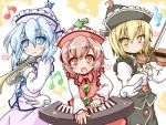  3girls :o blonde_hair blue_eyes blue_hair blush bow_(instrument) crescent hat heart instrument keyboard_(instrument) light_brown_hair light_smile long_sleeves looking_at_viewer lunasa_prismriver lyrica_prismriver merlin_prismriver multiple_girls musical_note neko_yume open_mouth puffy_sleeves red_eyes shooting_star short_hair skirt skirt_set sun_(symbol) touhou treble_clef trumpet violin wings yellow_eyes 