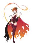  1girl bare_shoulders boots breasts cape chain cleavage collar demon_girl horns large_breasts looking_at_viewer orange_hair original pointy_ears red_eyes short_hair simple_background smile solo thigh_boots thighhighs whip white_background yoyo_(harapeko) 