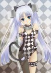  1girl absurdres animal_ears blue_eyes cat_ears checkered checkered_background elbow_gloves fishnet_legwear fishnets gloves highres leotard long_hair miss_monochrome miss_monochrome_(character) racequeen saw_(artist) silver_hair single_stocking solo tail thigh_strap twintails 