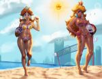  2girls angry_sun ball barefoot beach beachball bikini blonde_hair blue_eyes breasts brown_hair chain_chomp cleavage crown curvy earrings feet fingerless_gloves full_body gloves glowing hand_on_hip jewelry long_hair multiple_girls navel nintendo ocean open_mouth phanto princess_daisy princess_peach robert_porter sand shiny shiny_skin side-tie_bikini sideboob signature smile sun super_mario_bros. swimsuit tan tanline toes under_boob 