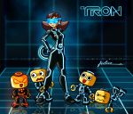  &gt;_&lt; 1girl bodysuit brown_hair disc_(tron) earrings fallen_down furboz jewelry kobun long_hair neon_trim parody reflection reflective_floor robot rockman rockman_dash tron tron_bonne visor 