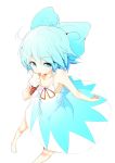  1girl absurdres baba_(pixiv3422465) bare_shoulders barefoot blue_eyes blue_hair bow cirno dress food hair_bow highres ice_cream licking looking_at_viewer ribbon short_hair simple_background solo tongue touhou white_background 