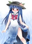  1girl alternate_costume blue_hair blush dress food fruit hammer_(sunset_beach) hat hinanawi_tenshi long_hair looking_at_viewer open_mouth peach red_eyes revision skirt skirt_set solo touhou 