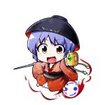  1girl bowl chibi grey_eyes hammer hat japanese_clothes kiku_hitomoji kimono long_sleeves looking_at_viewer needle obi open_mouth purple_hair sash shinmyoumaru_sukuna simple_background smile solo touhou white_background wide_sleeves 