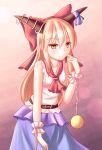  1girl absurdres ascot belt blonde_hair chain cuffs dior-zi finger_to_face gradient gradient_background highres horn_ribbon horns ibuki_suika light_smile long_hair looking_at_viewer manacles payot ribbon simple_background skirt sleeveless sleeveless_shirt solo sphere touhou wrist_cuffs yellow_eyes 