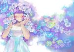  1girl ^_^ absurdres blush closed_eyes dress flower hair_flower hair_ornament highres long_hair original purple_hair shirozatou smile solo 