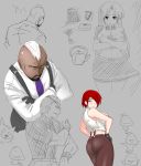  2boys 2girls asamiya_athena ass black_gloves breasts character_request collage covering covering_breasts dark_skin gloves hair_over_one_eye hands_on_hips king_of_fighters large_breasts mohawk multiple_boys multiple_girls okyou pants red_eyes redhead short_hair sketch suspenders vanessa white_hair 