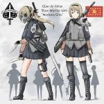  2girls black_legwear blonde_hair boots bulletproof_vest combat_boots combat_knife crest cross-laced_footwear dual_wielding flag gas_mask gun hairband holster huge_weapon knee_boots lace-up_boots long_hair mask military milizian! motto multiple_girls original over_shoulder pistol ponytail reverse_grip rifle short_hair sword sword_over_shoulder thigh_holster thighhighs weapon weapon_over_shoulder yrafy 