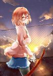  1girl blood brown_hair glasses jacket kuriyama_mirai kyoukai_no_kanata r_star short_hair sky solo sword yellow_eyes 