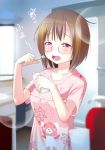  1girl bathroom bear blush brown_hair brushing_teeth bubble floral_print glasses half-closed_eyes highres kozue_akari messy_hair open_mouth saki saki_achiga-hen shibuya_takami shirt short_hair solo squiggle toothbrush violet_eyes 