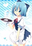  1girl blue_eyes blue_hair bow cirno gloves hair_bow oniku-chan shaved_ice short_hair solo touhou wings 