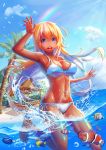  1girl barefoot bikini blonde_hair fish highres hut long_hair original rainbow splashing swimsuit tako_seijin violet_eyes water 