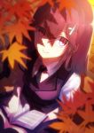  1girl autumn autumn_leaves bangs blurry book depth_of_field from_above leaf motion original redhead shadow smile solo uniform yasumo_(kuusouorbital) 