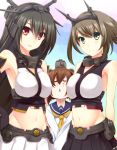  3girls armpits between_breasts black_hair breasts brown_eyes brown_hair gloves green_eyes hairband head_between_breasts headgear highres kantai_collection large_breasts looking_at_viewer machinery midriff mound_of_venus multiple_girls mutsu_(kantai_collection) nagato_(kantai_collection) navel personification pinkarage sailor_dress smile triangle_mouth yukikaze_(kantai_collection) 