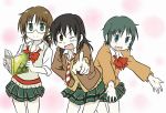  3girls black_hair blush book brown_eyes brown_hair coppelion fukasaku_aoi glasses green_eyes green_hair long_hair multiple_girls naruse_ibara necktie nichijou nomura_taeko open_mouth parody pointing ribbon school_uniform short_hair simple_background skirt smile white_background wink 