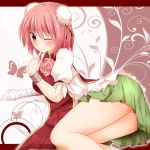  1girl arm_support bandages blouse blush butterfly cuffs double_bun finger_to_mouth flower ibaraki_kasen jien_(ryuusiki1) leaf leaf_background letterboxed looking_at_viewer lying manacles on_side pink_eyes pink_hair pink_rose puffy_short_sleeves puffy_sleeves rose short_hair short_sleeves skirt solo tabard thorns touhou two-tone_background wink 