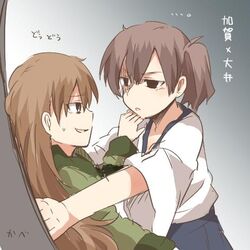  2girls brown_hair kaga_(kantai_collection) kantai_collection long_hair lowres multiple_girls ooi_(kantai_collection) open_mouth rebecca_(keinelove) short_hair side_ponytail smile sweatdrop 