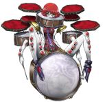  1girl drum drum_set drumsticks horikawa_raiko instrument jacket looking_at_viewer mazeran mitsudomoe_(shape) necktie open_clothes open_jacket pale_skin redhead shirt simple_background solo taiko_drum tomoe_(symbol) touhou transparent_background white_background yellow_eyes 