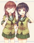  2girls :d bangs black_hair blunt_bangs braid brown_hair hair_ornament highres kantai_collection kitakami_(kantai_collection) long_hair looking_at_viewer multiple_girls ooi_(kantai_collection) open_mouth pleated_skirt school_uniform serafuku short_sleeves simple_background skirt smile v violet_eyes white_background 