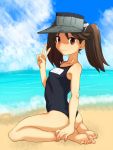  :d @@@ beach bikini brown_eyes brown_hair hat kantai_collection looking_at_viewer ocean open_mouth ryuujou_(kantai_collection) sky smile swimsuit twintails v 