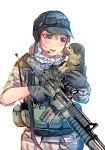  1girl ar-15 blue_eyes brown_hair daito dog gloves gun hat original solo weapon 