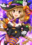  1girl blonde_hair blush breasts broom candy cleavage female gloves hair_ornament halloween hat kittan_(cve27426) long_hair open_mouth original skirt solo thighhighs witch_hat 