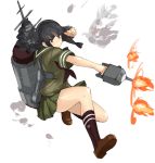  1girl backpack bag black_hair firing highres hime_cut kantai_collection kimuchi kitakami_(kantai_collection) loafers long_hair muzzle_flash payot personification pleated_skirt school_uniform serafuku shoes skirt smoke socks solo 