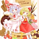  2girls ascot bat_wings blonde_hair candy cookie doughnut eating fang flandre_scarlet food hat hat_ribbon maru_usagi mob_cap multiple_girls open_mouth plate pocky pudding puffy_sleeves red_eyes remilia_scarlet ribbon shirt short_sleeves siblings side_ponytail sisters skirt skirt_set smile spoon touhou vest wings wrist_cuffs 