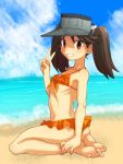 :d @@@ beach bikini brown_eyes brown_hair hat kantai_collection looking_at_viewer ocean open_mouth ryuujou_(kantai_collection) sky smile swimsuit twintails v 