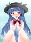  1girl alternate_costume blue_hair food fruit hammer_(sunset_beach) hat hinanawi_tenshi long_hair looking_at_viewer open_mouth peach red_eyes solo touhou 