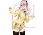  1girl blush breasts headphones large_breasts long_hair nitroplus pink_hair red_eyes skindentation solo super_sonico thighhighs vest 