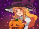  :d black_hat blonde_hair blush bow braid crescent_moon gradient gradient_background hair_bow hat hat_bow hat_ribbon holding hovering_kousin jack-o&#039;-lantern kirisame_marisa looking_at_viewer moon open_mouth pumpkin purple_background ribbon smile star starry_background touhou witch_hat yellow_eyes 