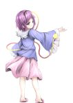  1girl :o blouse from_behind headband heart komeiji_satori lavender_hair long_sleeves looking_at_viewer looking_over_shoulder lv21 open_hand outstretched_arm simple_background skirt slippers solo touhou violet_eyes white_background wide_sleeves 