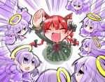  6+girls animal_ears arm_up braid cat_ears cat_tail chestnut_mouth closed_eyes dress extra_ears fang green_dress hair_ribbon halo juliet_sleeves kaenbyou_rin long_sleeves multiple_girls open_mouth puffy_sleeves purple_hair redhead ribbon shinapuu smile tail touhou twin_braids violet_eyes zombie_fairy 
