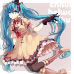  1girl aqua_eyes aqua_hair belt boots bowtie character_name dress ennui_heiwa_miku gloves hair_ribbon hat hatsune_miku long_hair open_mouth pantyhose ribbon solo twintails very_long_hair vocaloid wowishi 