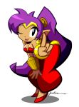  1girl ;) arabian_clothes bandeau bent_over bracer breasts choker cleavage dark_skin earrings finger_wagging furboz harem_pants highres hoop_earrings jewelry long_hair pointy_ears ponytail purple_hair shantae shantae:_half-genie_hero shantae_(character) signature solo transparent_background very_long_hair wink 