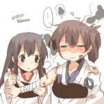  2girls =_= akagi_(kantai_collection) bandages black_eyes blush brown_hair closed_eyes kaga_(kantai_collection) kantai_collection long_hair lowres multiple_girls rebecca_(keinelove) short_hair smoke 