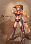  animal_ears apple applejack blonde_hair breasts chaps choker cleavage cowboy_hat cutie_mark cutoffs fingerless_gloves food freckles fruit gloves green_eyes hat highres horse_ears horse_tail long_hair low-tied_long_hair midriff my_little_pony my_little_pony_friendship_is_magic navel personification plaid plaid_shirt short_shorts shorts sleeves_rolled_up smile tail tako_seijin taut_clothes taut_shirt tied_shirt toned 