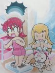  /\/\/\ 2girls :d =_= after_bath aida_mana blonde_hair cat dokidoki!_precure hair_down hijikata_etsuo hummy_(suite_precure) long_hair multiple_girls naked_towel nude open_mouth pink_hair prank precure regina_(dokidoki!_precure) short_hair smile suite_precure surprised towel traditional_media weighing_scale 