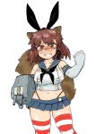  1girl animal_ears blush breasts brown_eyes brown_hair clenched_hand clenched_teeth collarbone cosplay elbow_gloves futatsuiwa_mamizou glasses gloves hair_ornament hair_ribbon hairband hamahara_yoshio highres kantai_collection looking_at_viewer microskirt midriff navel neckerchief plump raccoon_ears raccoon_tail rensouhou-chan ribbon rimless_glasses sailor_collar shimakaze_(kantai_collection) shimakaze_(kantai_collection)_(cosplay) short_hair sideboob simple_background skirt solo striped striped_legwear sweat tail thighhighs thong touhou trembling white_background 