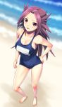  1girl beach breasts cleavage hand_on_hip highres jun&#039;you_(kantai_collection) kantai_collection large_breasts light_smile long_hair muhi11234 purple_hair sand solo swimsuit thighs very_long_hair violet_eyes 