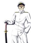  1boy admiral_(kantai_collection) beard brown_eyes facial_hair highres kantai_collection mustache naval_uniform niwatazumi solo sword weapon white_hair 