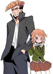  2boys arm_grab blush brown_eyes brown_hair crossdressinging dangan_ronpa fujisaki_chihiro kuma_jet multiple_boys oowada_mondo school_uniform short_hair size_difference skirt trap violet_eyes 